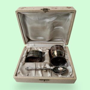 French Vintage Silver Plated Egg Cup Set: Spoon, Napkin Ring, Original Box